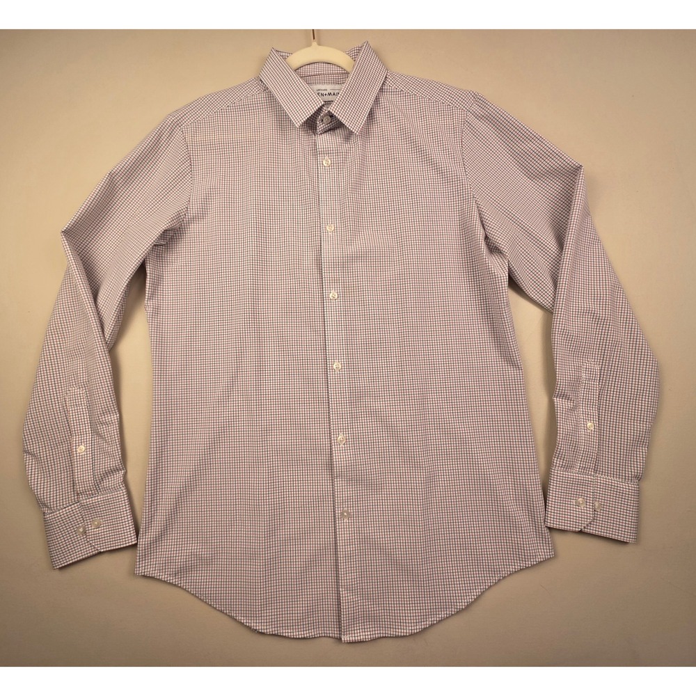 Mizzen+Main Leeward Dress Shirt Mens Large Trim Fit Red Navy Check Long Sleeve
